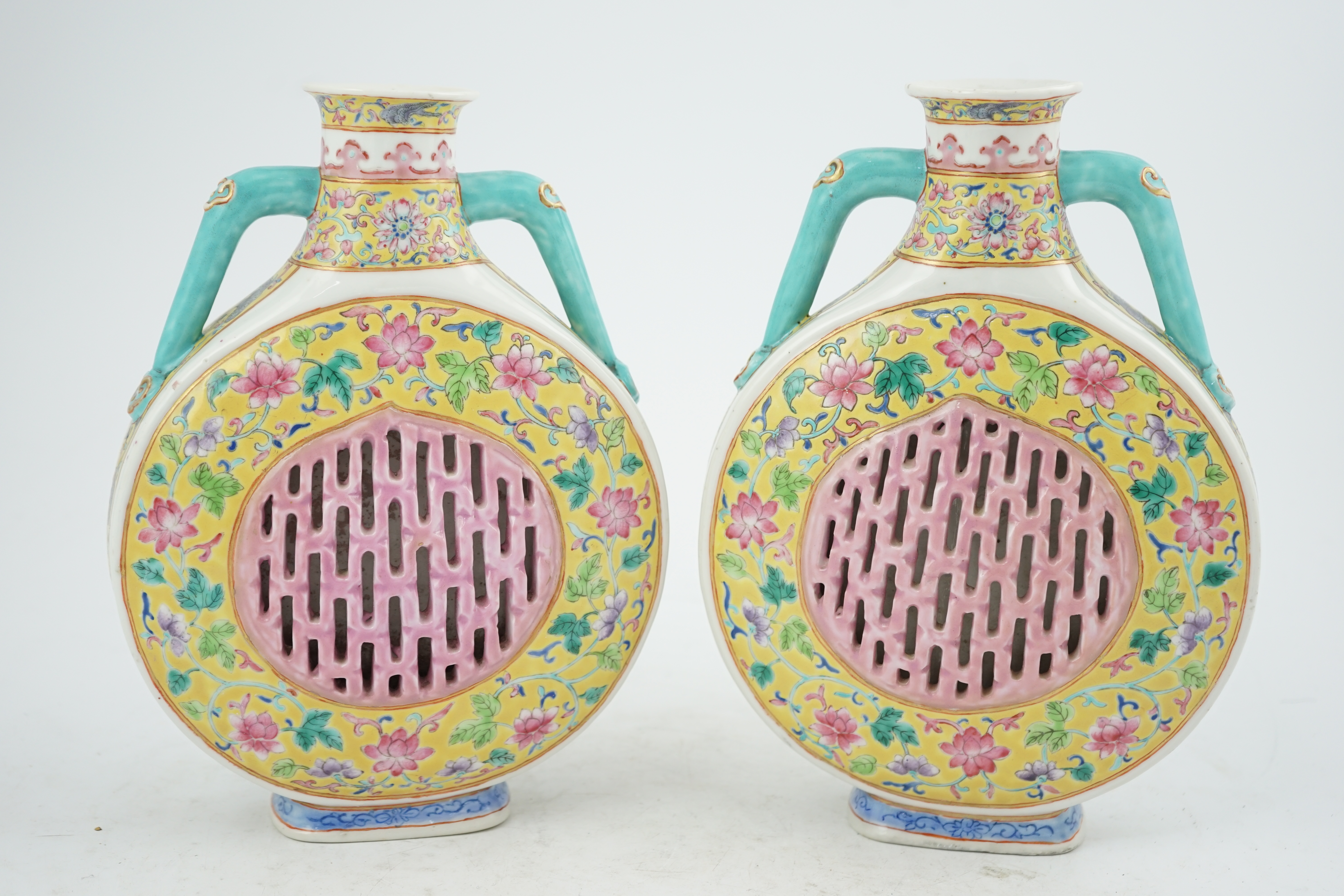 A pair of Chinese yellow ground double-walled moonflasks, bianhu, Daoguang marks, 19th century